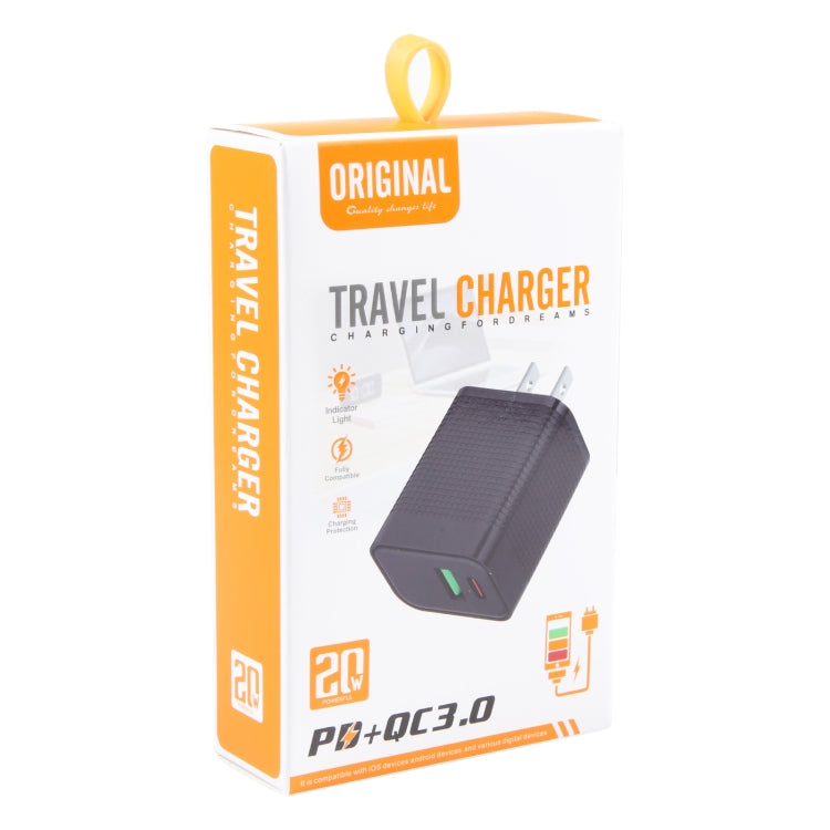 PD 20W USB-C/타입-C + QC 3.0 USB 포트 체크무늬 여행용 충전기, US 플러그, US 플러그 (블랙)