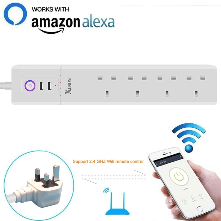 2 x USB 포트 + 4 x UK 플러그 잭 WiFi 원격 제어 스마트 전원 소켓, Alexa 및 Google Home 호환, 케이블 길이: 1.8m, AC 90-265V, UK 플러그, 4xUSB + 3xUK 플러그(UK 플러그)