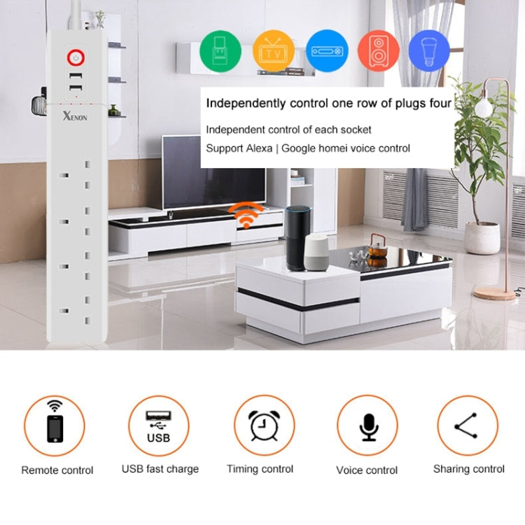 2 x USB 포트 + 4 x UK 플러그 잭 WiFi 원격 제어 스마트 전원 소켓, Alexa 및 Google Home 호환, 케이블 길이: 1.8m, AC 90-265V, UK 플러그, 4xUSB + 3xUK 플러그(UK 플러그)