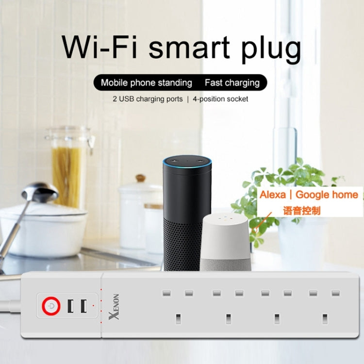 2 x USB 포트 + 4 x UK 플러그 잭 WiFi 원격 제어 스마트 전원 소켓, Alexa 및 Google Home 호환, 케이블 길이: 1.8m, AC 90-265V, UK 플러그, 4xUSB + 3xUK 플러그(UK 플러그)