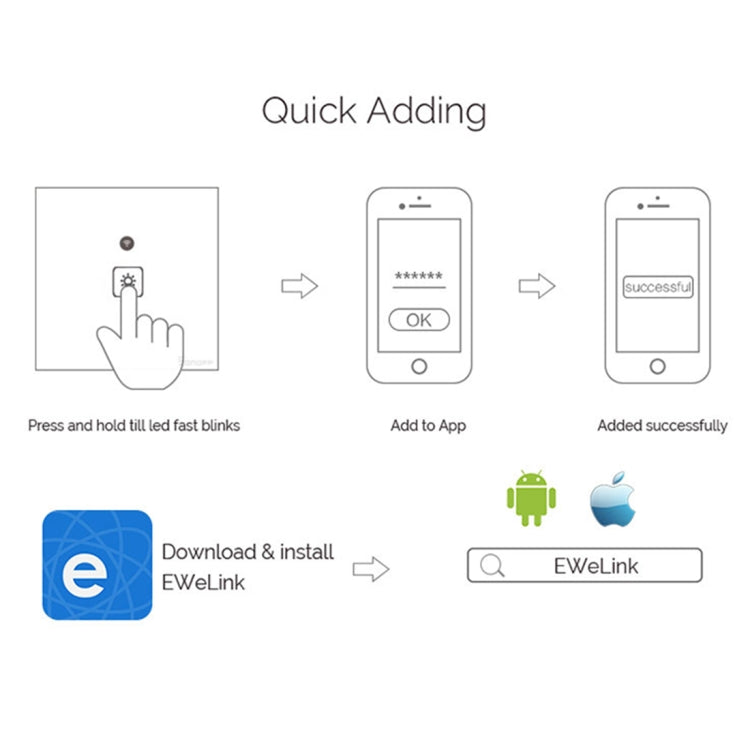 WS-EU-01 EWeLink 앱 & 터치 제어 2A 1구 강화유리 패널 스마트 벽 스위치, AC 90V-250V, EU 플러그, 1구