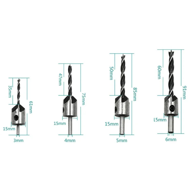 4 in 1 목공 카운터싱크 챔퍼 삼각 고속강 드릴 비트 세트, 3-6mm, 4개 세트