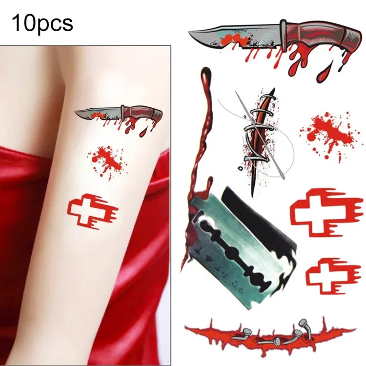 10개 S-299 할로윈 공포 상처 리얼리스틱 혈흔 부상 흉터 임시 타투 스티커, S-299/10개