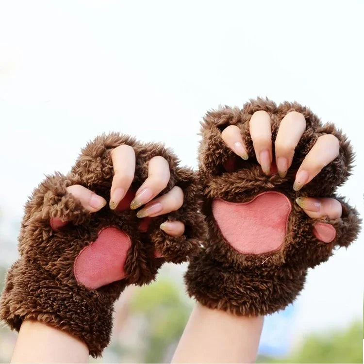 겨울 사랑스러운 만화 고양이 발톱 여성용 장갑 두껍고 따뜻한 폭신한 발바닥 반가락 장갑