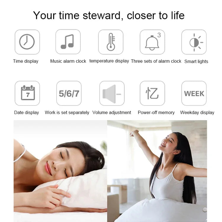 다기능 대형 화면 LED 디지털 음악 알람 시계, 시간/요일/온도/달력 표시 및 리모컨 포함, DC 5V, 음악 알람 시계