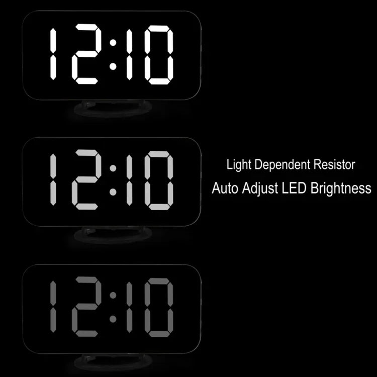 다기능 크리에이티브 거울 반사 LED 디스플레이 알람 시계 스누즈 기능 및 2 USB 충전 포트 포함