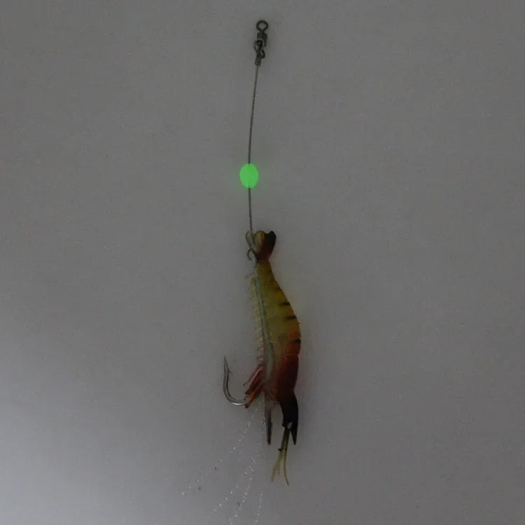 발광 새우 모양 낚시 미끼 인공 낚시 미끼 후크 포함, 길이: 7cm, 노랑 빨강