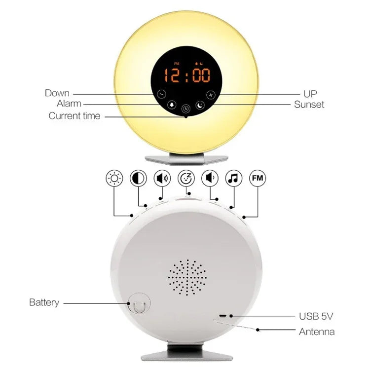 다기능 LED 터치 지능형 기상등 알람 시계 FM 라디오, USB