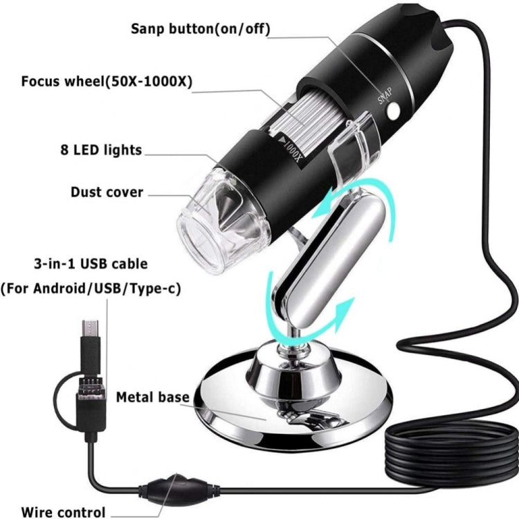1600X 확대경 HD 이미지 센서 3 in 1 USB 디지털 현미경 8 LED 및 전문 스탠드 포함