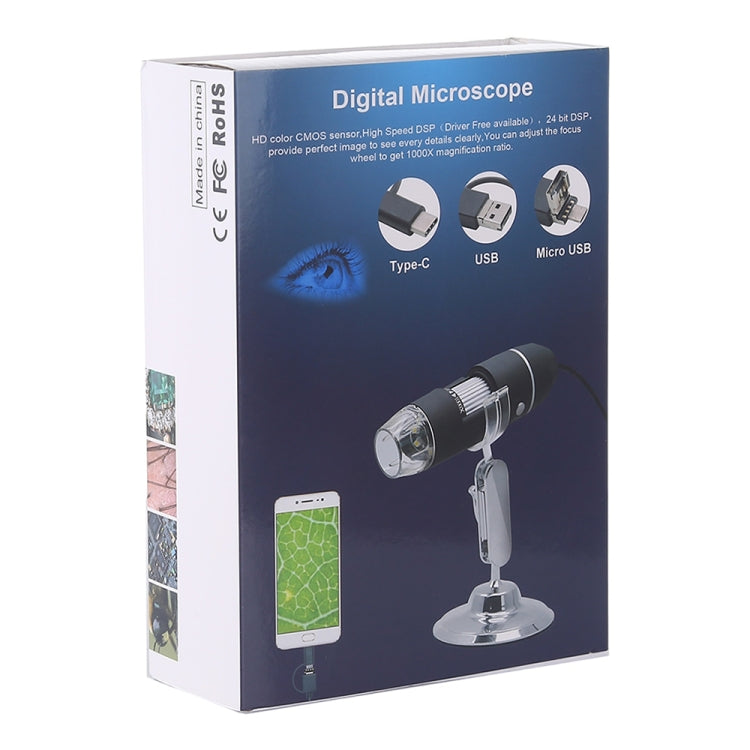 1600X 확대경 HD 이미지 센서 3 in 1 USB 디지털 현미경 8 LED 및 전문 스탠드 포함
