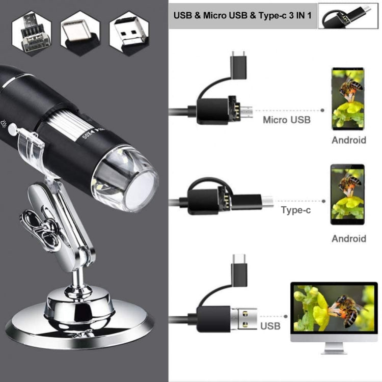 1600X 확대경 HD 이미지 센서 3 in 1 USB 디지털 현미경 8 LED 및 전문 스탠드 포함