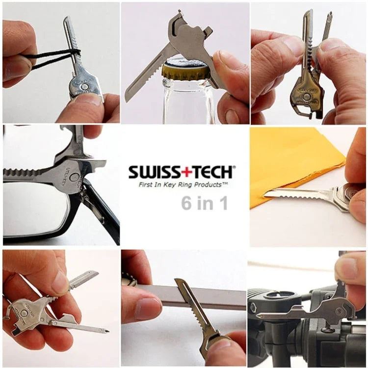 SWISS+TECH 스테인리스 스틸 6-in-1 다기능 야외 키 체인, 접이식 미니 도구 키 링