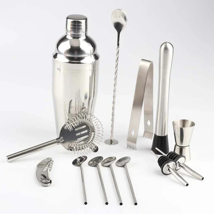 14 in 1 스테인리스 스틸 칵테일 셰이커 도구 세트 대나무 거치대 포함, 용량: 750ml, 750ml, 대나무