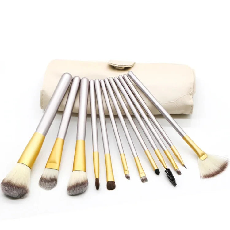 12 in 1 고급 베이지 뷰티 메이크업 브러시 도구 키트, 크기: 22*29cm