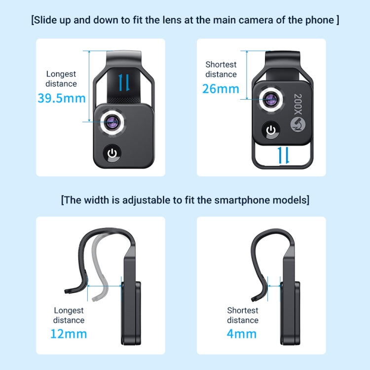 APEXEL APL-MS002BK 200X HD 범용 휴대용 휴대폰 현미경 LED 라이트 포함, APL-MS002BK