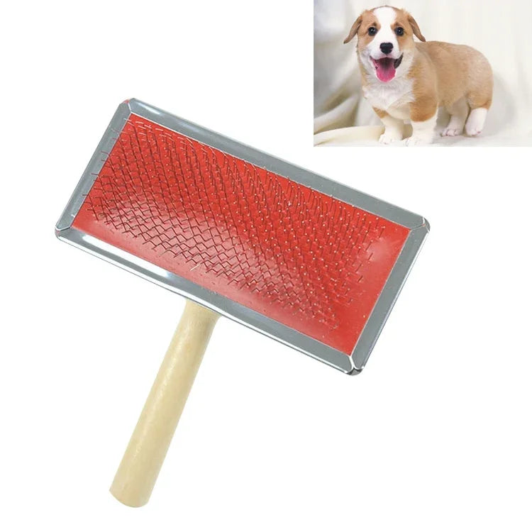 Manual pet grooming brush with a wood handle, designed for comfortable pet grooming and reducing shedding.