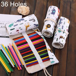 36 Slots Cartoon Animal Print Pen Bag Canvas Pencil Wrap Curtain Roll Up Pencil Case Stationery Pouch, 36 Slots