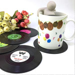 6개 세트 레트로 블랙 비닐 CD 레코드 음료 코스터 홈 테이블 컵 매트 장식 커피 음료 식탁 매트 식기 회전, 지름: 10.7cm, 6개 컵 매트