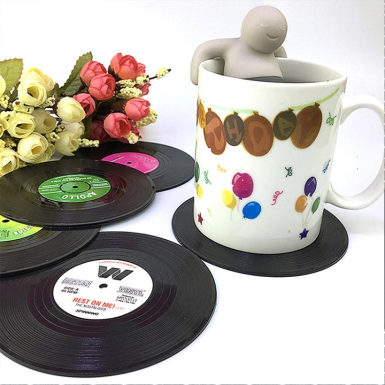 6개 세트 레트로 블랙 비닐 CD 레코드 음료 코스터 홈 테이블 컵 매트 장식 커피 음료 식탁 매트 식기 회전, 지름: 10.7cm, 6개 컵 매트
