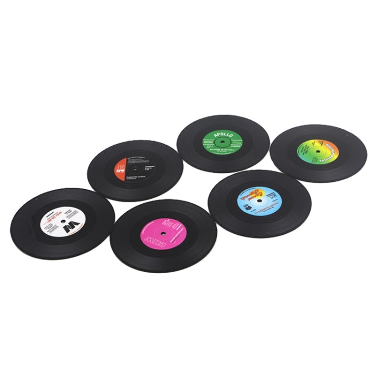 6개 세트 레트로 블랙 비닐 CD 레코드 음료 코스터 홈 테이블 컵 매트 장식 커피 음료 식탁 매트 식기 회전, 지름: 10.7cm, 6개 컵 매트