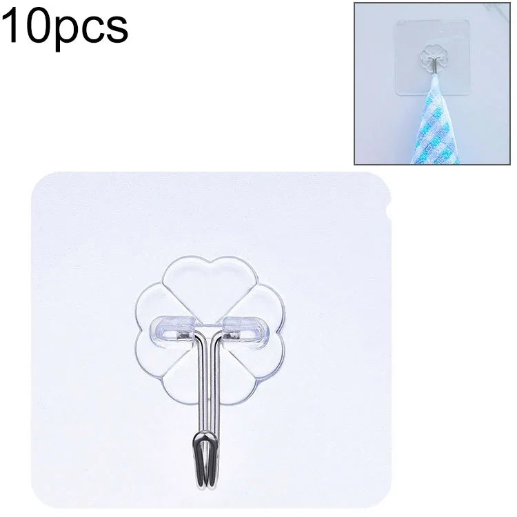 10pcs PVC + Stainless Steel Thin Plum Shape Seamless Adhesive Hook Waterproof Transparent Strong Stick Hook Kitchen Wall Mount, Thin