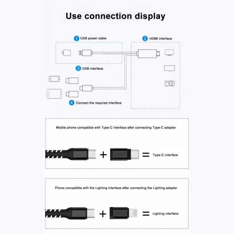 3 in 1 마이크로 USB + USB-C / 타입-C + 8핀 HDMI HDTV 케이블
