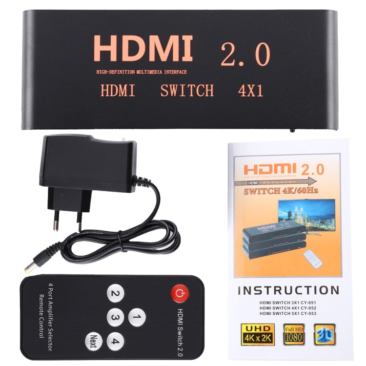 4대1 4K/60Hz HDMI 2.0 스위치 리모컨 포함, 유럽 플러그, 4대1