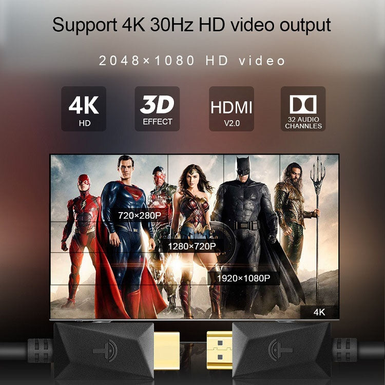 ROCKETEK HDMI01Y-2 HDMI 2.0 4K 30Hz 3D HD 금도금 커넥터 HDMI 케이블 모든 HDMI 기기용, 길이: 2m