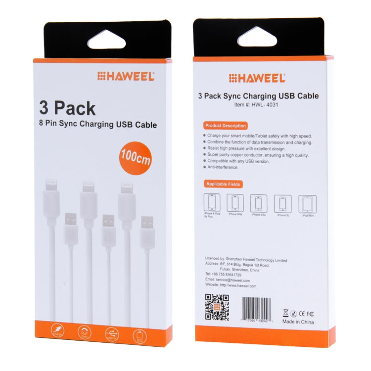 3개 HAWEEL 1m 고속 8핀 to USB 동기화 및 충전 케이블 키트 아이폰, 아이패드용, 3개