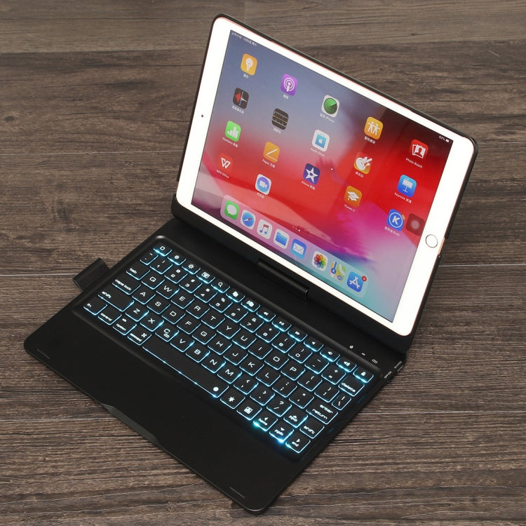 F102AS iPad 10.2인치용 컬러 백라이트 회전식 블루투스 키보드 가죽 태블릿 케이스 펜 슬롯 기능 포함