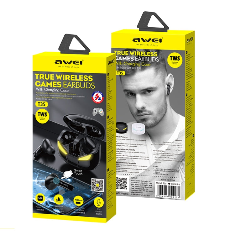 awei T35 블루투스 V5.0 진정한 무선 스포츠 게임 듀얼 모드 IPX5 방수 TWS 헤드셋 충전 케이스 포함
