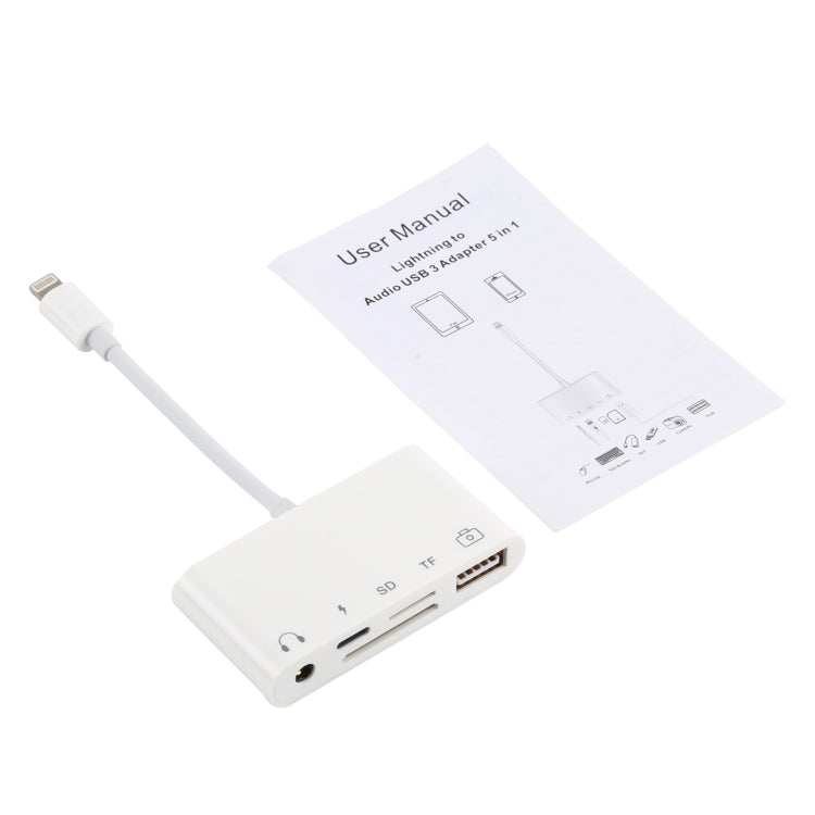 5 in 1 8핀 to USB 허브 및 USB-C / Type-C 및 3.5mm 이어폰 및 SD 및 TF 카드 리더기