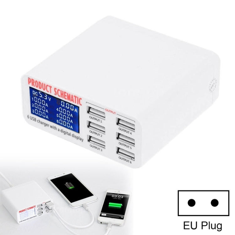 899 30W QC 3.0 6 USB 포트 고속 충전기 LCD 디지털 디스플레이 포함, EU 플러그, 899