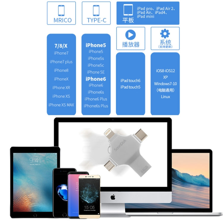 4 in 1 64GB USB 3.0 + 8핀 + 마이크로 USB + USB-C / 타입-C 듀얼용 플래시 드라이브 OTG 기능 포함, 64GB
