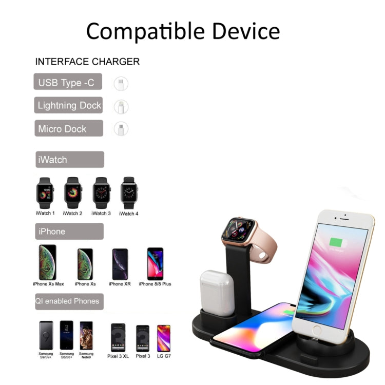 HQ-UD15 5 in 1 8핀 + 마이크로 USB + USB-C / 타입-C 인터페이스 + 8핀 이어폰 충전 인터페이스 + 무선 충전 충전기 베이스 시계 스탠드 포함 (화이트), 무선 충전 블랙 포함, 무선 충전 화이트 포함, 무선 충전 실버 포함