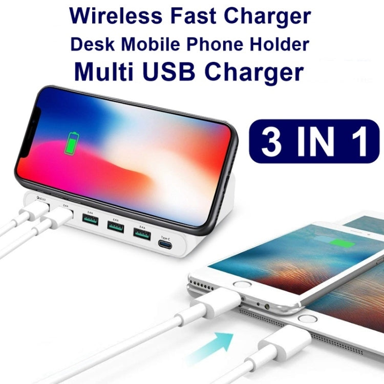 828W 7 in 1 60W QC 3.0 USB 인터페이스 + 4 USB 포트 + USB-C / 타입-C 인터페이스 + 무선 충전 다기능 충전기 휴대폰 홀더 기능 포함, 호주 플러그, 호주 플러그 블랙, 호주 플러그 화이트