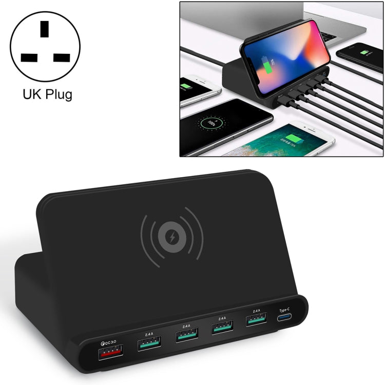 828W 7 in 1 60W QC 3.0 USB 인터페이스 + 4 USB 포트 + USB-C / Type-C 인터페이스 + 무선 충전 다기능 충전기 및 휴대폰 거치대 기능, UK 플러그, UK 플러그 블랙, UK 플러그 화이트