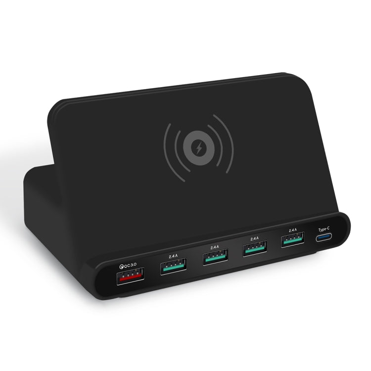 828W 7 in 1 60W QC 3.0 USB 인터페이스 + 4 USB 포트 + USB-C / Type-C 인터페이스 + 무선 충전 다기능 충전기 및 휴대폰 거치대 기능, UK 플러그, UK 플러그 블랙, UK 플러그 화이트