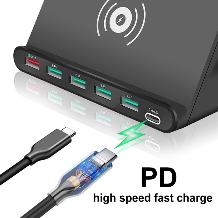 828W 7 in 1 60W QC 3.0 USB 인터페이스 + 4 USB 포트 + USB-C / Type-C 인터페이스 + 무선 충전 다기능 충전기 및 휴대폰 거치대 기능, UK 플러그, UK 플러그 블랙, UK 플러그 화이트