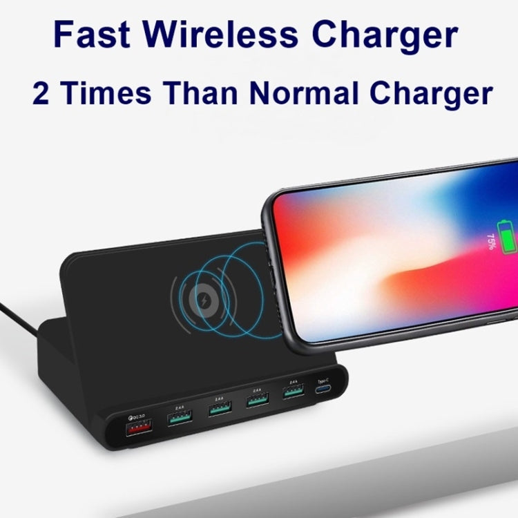 828W 7 in 1 60W QC 3.0 USB 인터페이스 + 4 USB 포트 + USB-C / Type-C 인터페이스 + 무선 충전 다기능 충전기 및 휴대폰 거치대 기능, UK 플러그, UK 플러그 블랙, UK 플러그 화이트