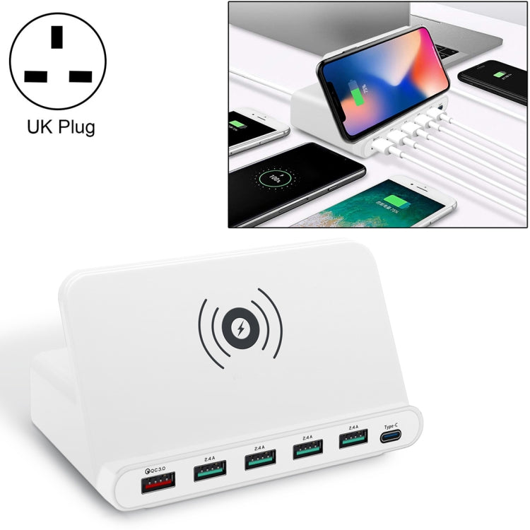 828W 7 in 1 60W QC 3.0 USB 인터페이스 + 4 USB 포트 + USB-C / Type-C 인터페이스 + 무선 충전 다기능 충전기 및 휴대폰 거치대 기능, UK 플러그, UK 플러그 블랙, UK 플러그 화이트