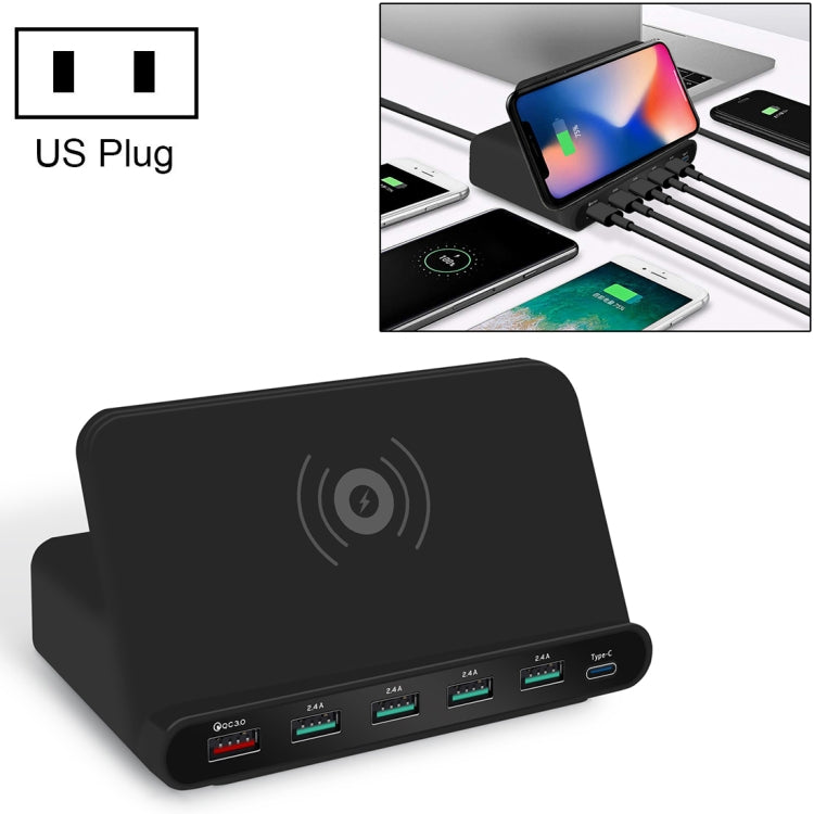 828W 7 in 1 60W QC 3.0 USB 인터페이스 + 4 USB 포트 + USB-C / 타입-C 인터페이스 + 무선 충전 다기능 충전기 휴대폰 홀더 기능 포함, 미국 플러그, 미국 플러그 블랙, 미국 플러그 화이트