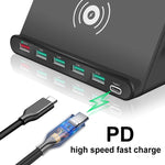 828W 7 in 1 60W QC 3.0 USB 인터페이스 + 4 USB 포트 + USB-C / 타입-C 인터페이스 + 무선 충전 다기능 충전기 휴대폰 홀더 기능 포함, 미국 플러그, 미국 플러그 블랙, 미국 플러그 화이트