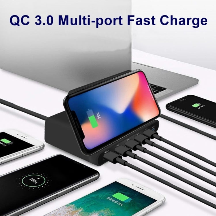 828W 7 in 1 60W QC 3.0 USB 인터페이스 + 4 USB 포트 + USB-C / 타입-C 인터페이스 + 무선 충전 다기능 충전기 휴대폰 홀더 기능 포함, 미국 플러그, 미국 플러그 블랙, 미국 플러그 화이트