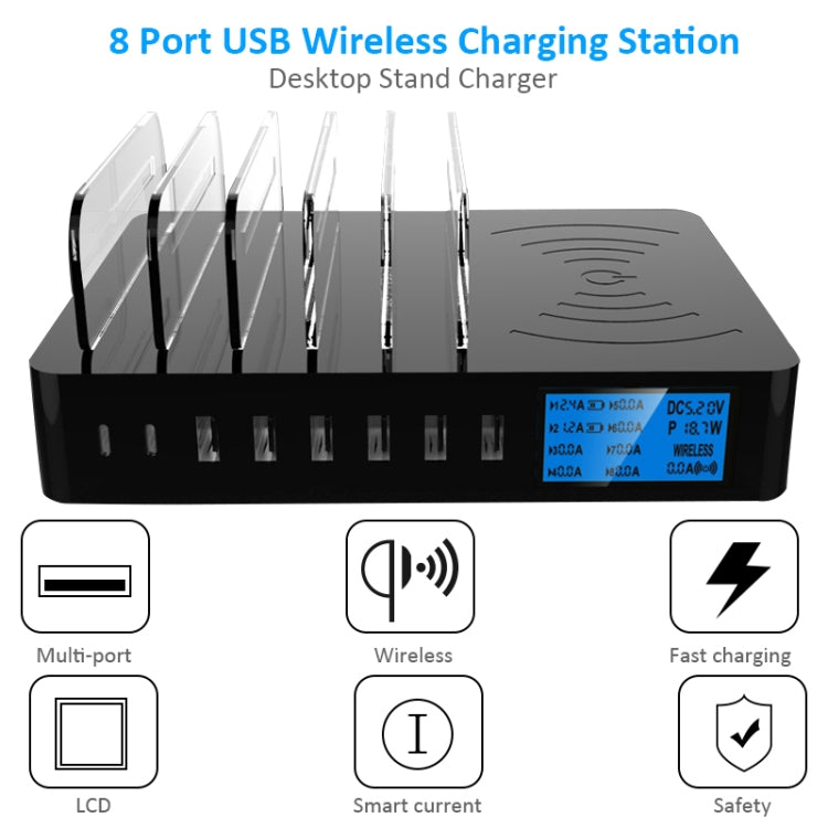 50W 6 USB 포트 + 2 USB-C / Type-C 포트 + 무선 충전 다기능 충전기 LED 디스플레이 및 분리형 베젤, EU 플러그, EU 플러그