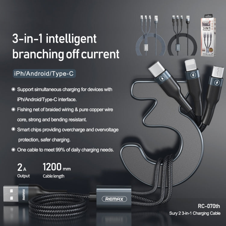 REMAX RC-070TH 1.2m 2A 3-in-1 USB to 8핀 & USB-C / 타입-C & 마이크로 USB 충전 케이블
