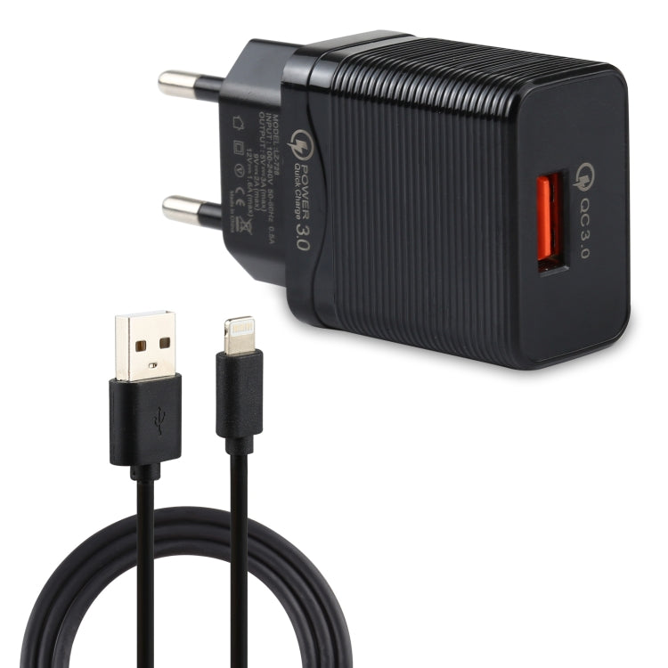 LZ-728 2-in-1 18W QC 3.0 USB 인터페이스 여행용 충전기 + USB to 8핀 데이터 케이블 세트, EU 플러그, 케이블 길이: 1m, 8핀 케이블 포함