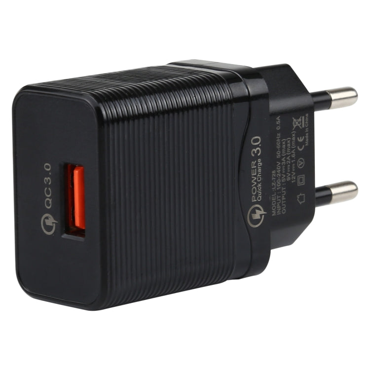 LZ-728 2-in-1 18W QC 3.0 USB 인터페이스 여행용 충전기 + USB to 8핀 데이터 케이블 세트, EU 플러그, 케이블 길이: 1m, 8핀 케이블 포함