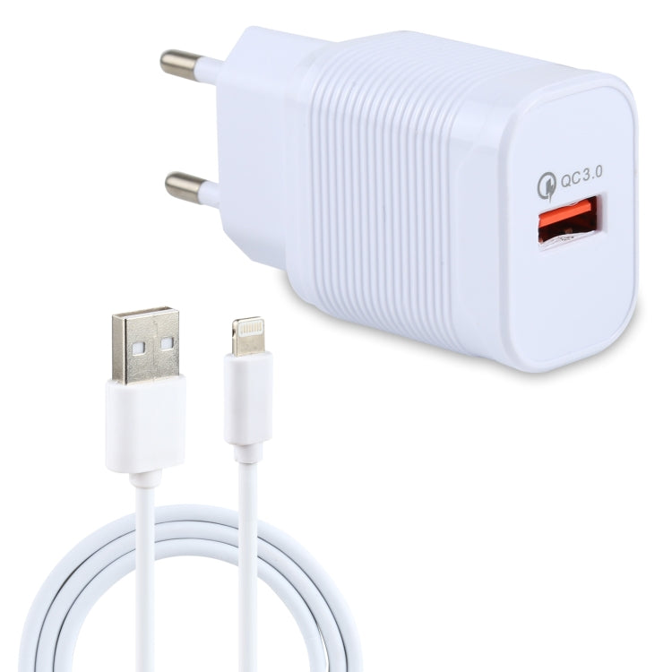 LZ-728 2-in-1 18W QC 3.0 USB 인터페이스 여행용 충전기 + USB to 8핀 데이터 케이블 세트, EU 플러그, 케이블 길이: 1m, 8핀 케이블 포함