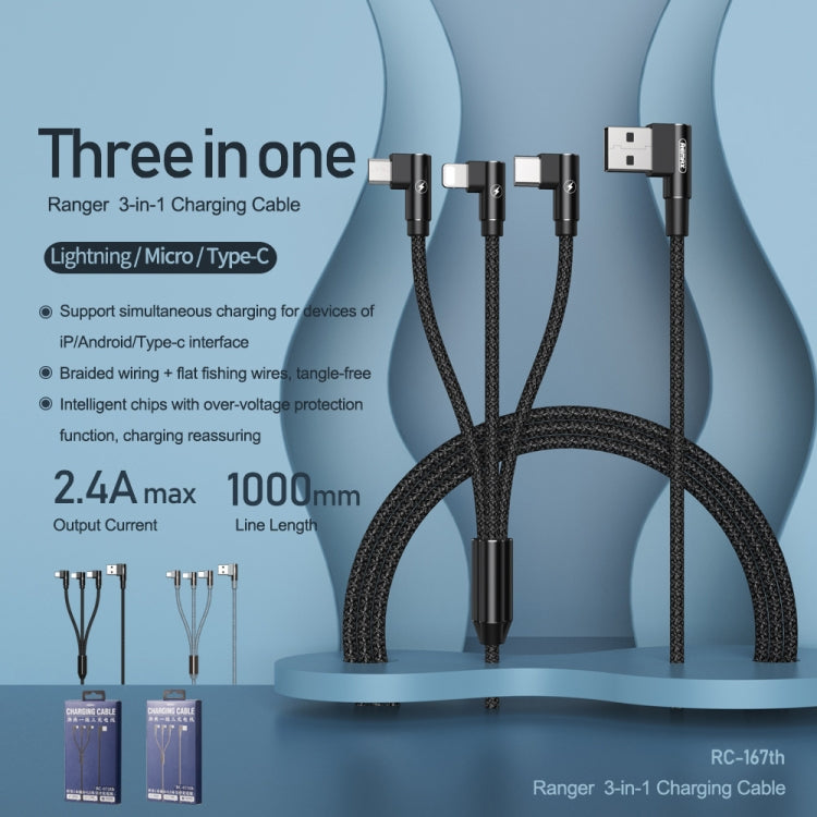 REMAX RC-167th 3 in 1 2.1A USB to 8핀 + USB-C / 타입-C + 마이크로 USB 범위 시리즈 엘보우 충전 케이블, 케이블 길이: 1m